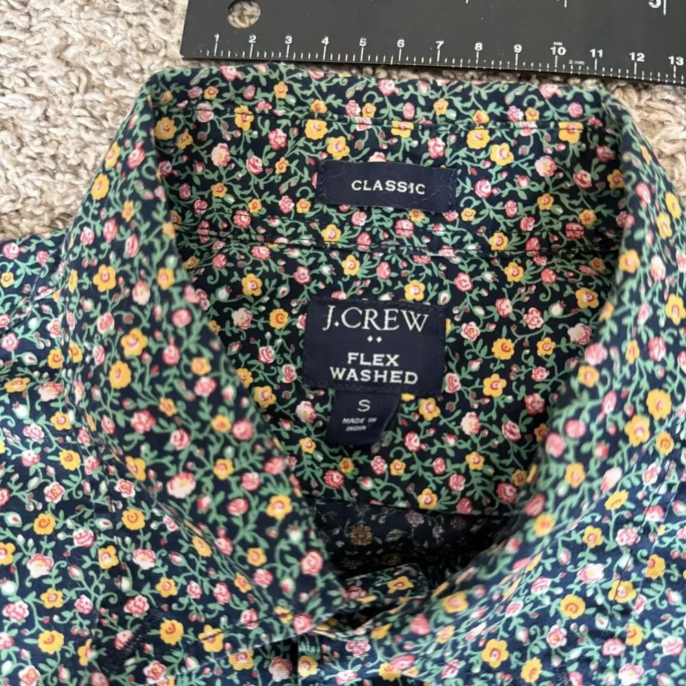 J Crew Mens Button Up Shirt Short Sleeve Small Ditsy Floral Resort Wear Black